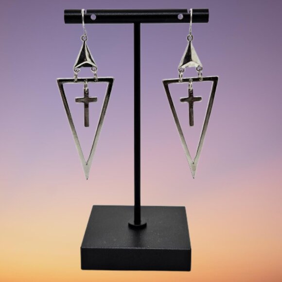 Silver Tone Dangle Cross Earrings - Picture 2 of 5